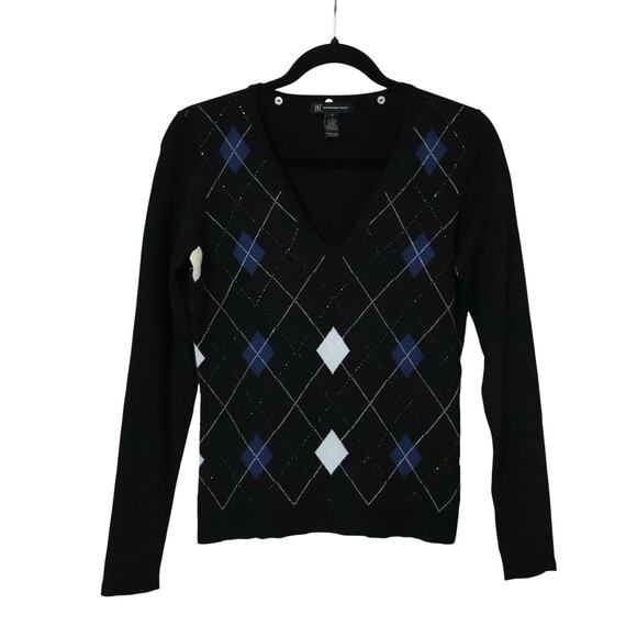 Vintage INC International Concepts Silk Beaded Argyle Black Blue Sweater Preppy - Picture 1 of 9